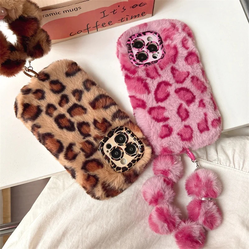 Phone Cases Iphone 13 - Fashion Leopard Furry Plush Lens Bracket